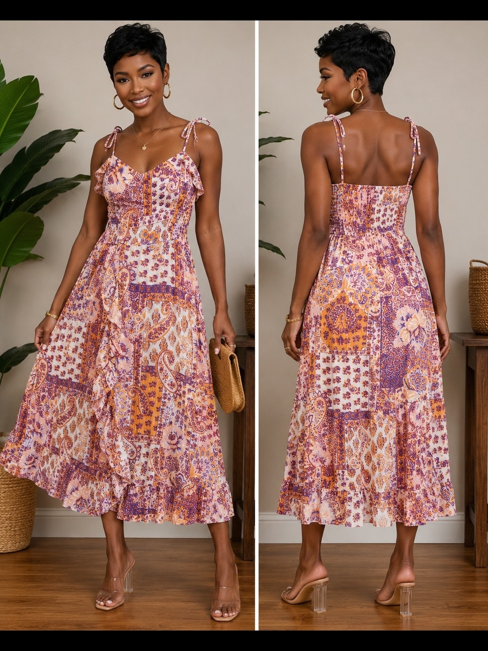 Angie Boho Paisley Midi Dress Large Pink Purple Ruffle Summer Dress Size Large